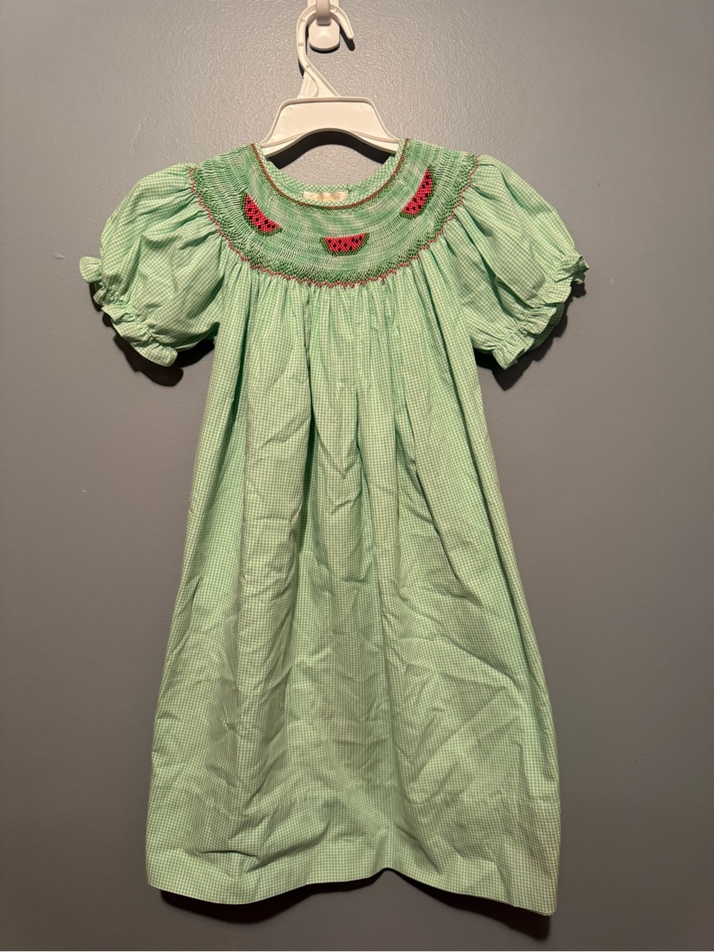 Light Green Smocked Girls Casual Dress with Watermelon Motif